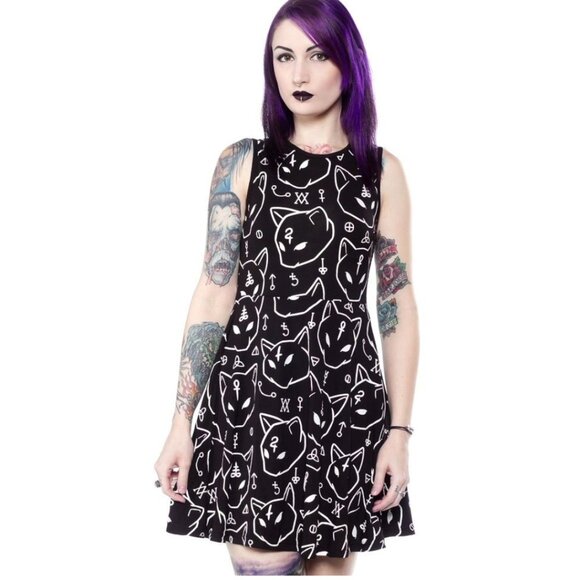 KILLSTAR Azrael occult kitty print skater dress